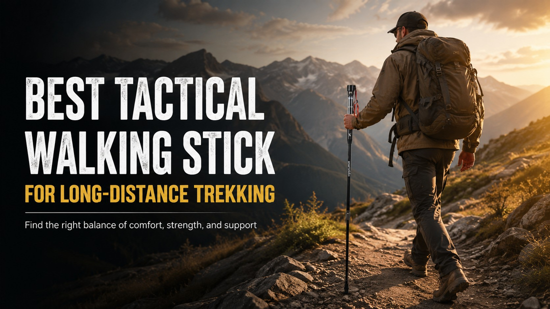 Hiker using a SmartStickX tactical walking stick on a rocky mountain trail during a long-distance trek.