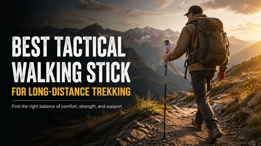 Hiker using a SmartStickX tactical walking stick on a rocky mountain trail during a long-distance trek.