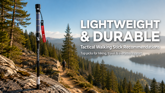 SmartStickX lightweight tactical walking stick displayed on a rocky mountain trail at sunset with a hiker in the background.