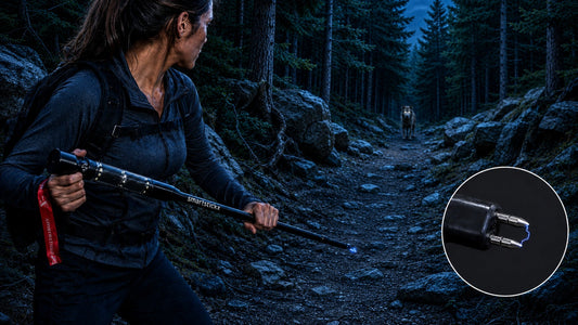 Woman on a dark forest trail using a SmartstickX tactical defense walking stick with stun tip to deter an approaching wolf